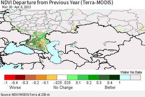 Russian Federation NDVI Departure from Previous Year (Terra-MODIS) Thematic Map For 3/30/2023 - 4/6/2023