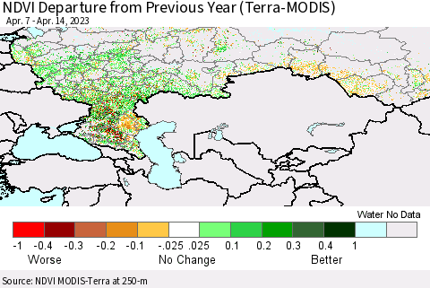 Russian Federation NDVI Departure from Previous Year (Terra-MODIS) Thematic Map For 4/7/2023 - 4/14/2023