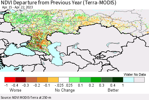 Russian Federation NDVI Departure from Previous Year (Terra-MODIS) Thematic Map For 4/15/2023 - 4/22/2023