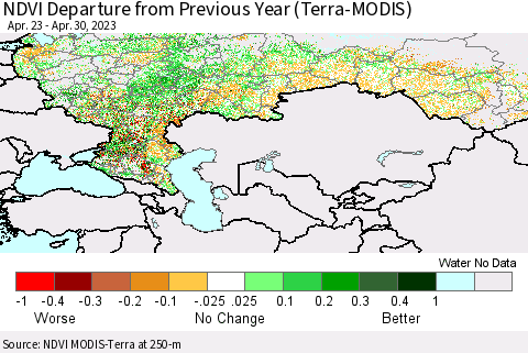 Russian Federation NDVI Departure from Previous Year (Terra-MODIS) Thematic Map For 4/23/2023 - 4/30/2023