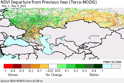 Russian Federation NDVI Departure from Previous Year (Terra-MODIS) Thematic Map For 5/1/2023 - 5/8/2023
