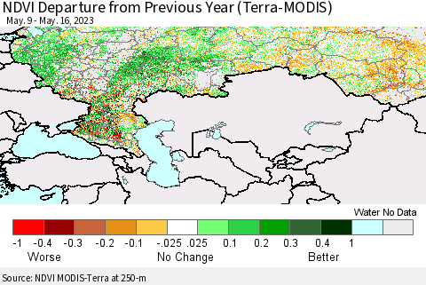 Russian Federation NDVI Departure from Previous Year (Terra-MODIS) Thematic Map For 5/9/2023 - 5/16/2023