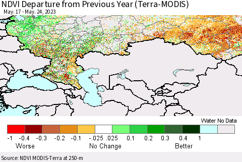 Russian Federation NDVI Departure from Previous Year (Terra-MODIS) Thematic Map For 5/17/2023 - 5/24/2023