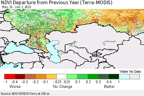 Russian Federation NDVI Departure from Previous Year (Terra-MODIS) Thematic Map For 5/25/2023 - 6/1/2023