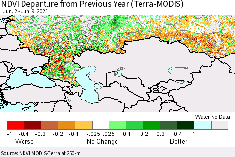 Russian Federation NDVI Departure from Previous Year (Terra-MODIS) Thematic Map For 6/2/2023 - 6/9/2023