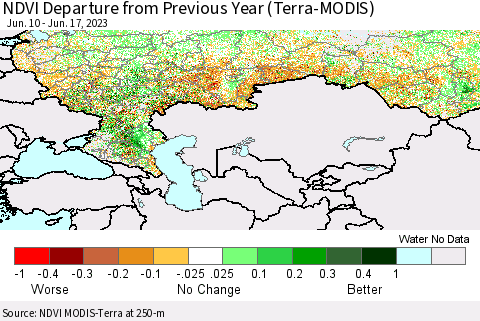 Russian Federation NDVI Departure from Previous Year (Terra-MODIS) Thematic Map For 6/10/2023 - 6/17/2023