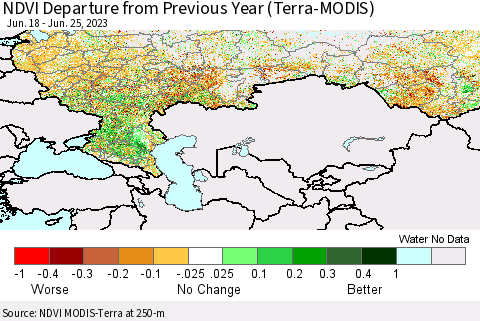 Russian Federation NDVI Departure from Previous Year (Terra-MODIS) Thematic Map For 6/18/2023 - 6/25/2023