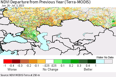 Russian Federation NDVI Departure from Previous Year (Terra-MODIS) Thematic Map For 6/26/2023 - 7/3/2023