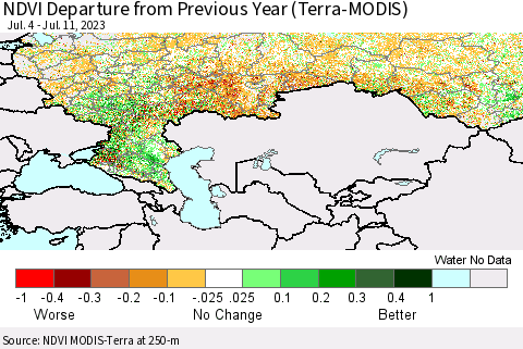 Russian Federation NDVI Departure from Previous Year (Terra-MODIS) Thematic Map For 7/4/2023 - 7/11/2023