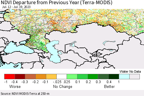 Russian Federation NDVI Departure from Previous Year (Terra-MODIS) Thematic Map For 7/12/2023 - 7/19/2023