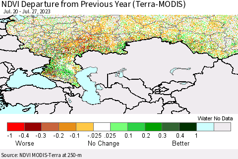Russian Federation NDVI Departure from Previous Year (Terra-MODIS) Thematic Map For 7/20/2023 - 7/27/2023