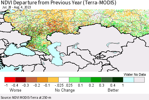 Russian Federation NDVI Departure from Previous Year (Terra-MODIS) Thematic Map For 7/28/2023 - 8/4/2023
