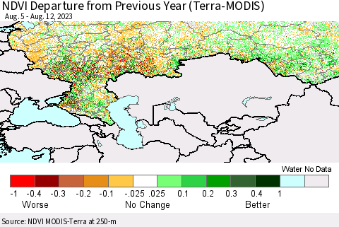 Russian Federation NDVI Departure from Previous Year (Terra-MODIS) Thematic Map For 8/5/2023 - 8/12/2023