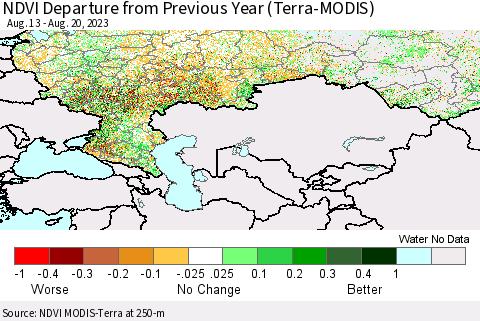 Russian Federation NDVI Departure from Previous Year (Terra-MODIS) Thematic Map For 8/13/2023 - 8/20/2023