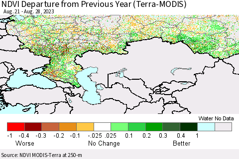 Russian Federation NDVI Departure from Previous Year (Terra-MODIS) Thematic Map For 8/21/2023 - 8/28/2023