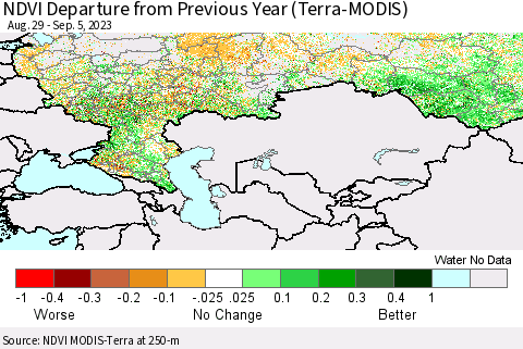 Russian Federation NDVI Departure from Previous Year (Terra-MODIS) Thematic Map For 8/29/2023 - 9/5/2023