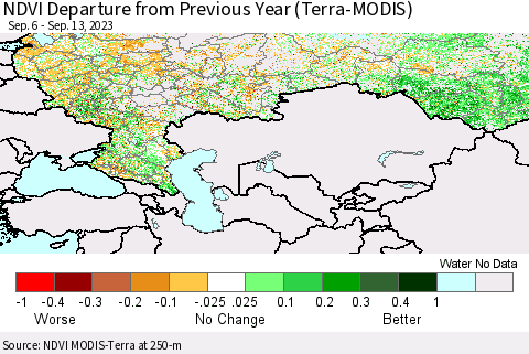 Russian Federation NDVI Departure from Previous Year (Terra-MODIS) Thematic Map For 9/6/2023 - 9/13/2023