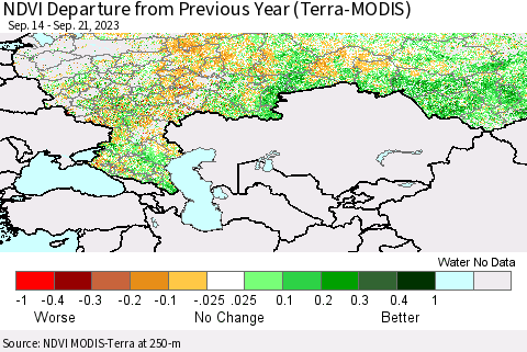 Russian Federation NDVI Departure from Previous Year (Terra-MODIS) Thematic Map For 9/14/2023 - 9/21/2023