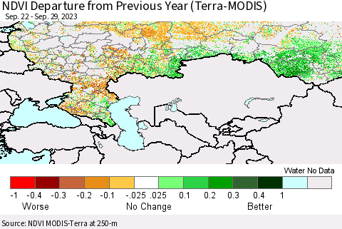 Russian Federation NDVI Departure from Previous Year (Terra-MODIS) Thematic Map For 9/22/2023 - 9/29/2023