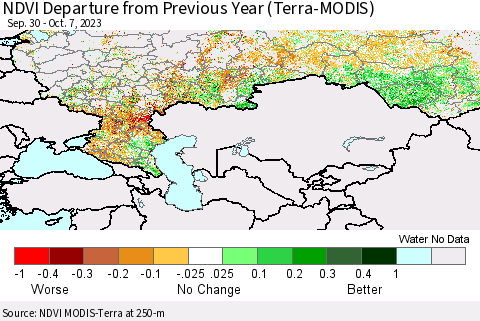 Russian Federation NDVI Departure from Previous Year (Terra-MODIS) Thematic Map For 9/30/2023 - 10/7/2023