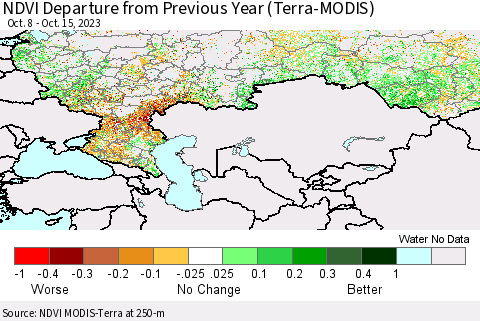 Russian Federation NDVI Departure from Previous Year (Terra-MODIS) Thematic Map For 10/8/2023 - 10/15/2023