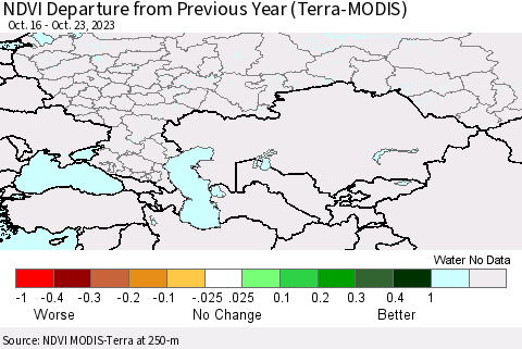 Russian Federation NDVI Departure from Previous Year (Terra-MODIS) Thematic Map For 10/16/2023 - 10/23/2023