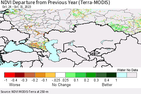 Russian Federation NDVI Departure from Previous Year (Terra-MODIS) Thematic Map For 10/24/2023 - 10/31/2023