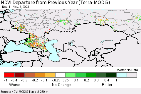 Russian Federation NDVI Departure from Previous Year (Terra-MODIS) Thematic Map For 11/1/2023 - 11/8/2023