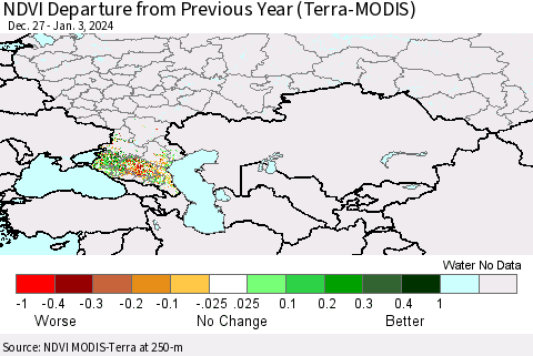Russian Federation NDVI Departure from Previous Year (Terra-MODIS) Thematic Map For 12/27/2023 - 1/3/2024