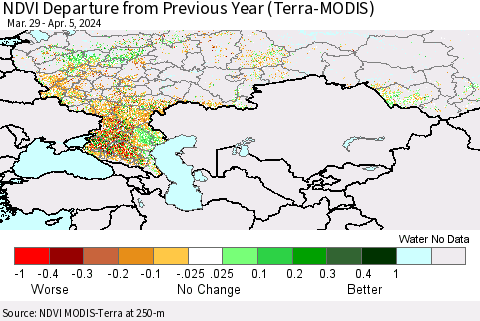 Russian Federation NDVI Departure from Previous Year (Terra-MODIS) Thematic Map For 3/29/2024 - 4/5/2024