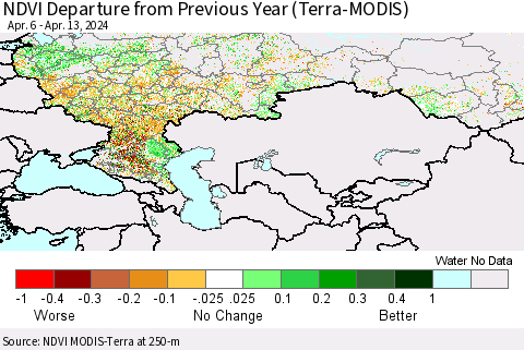 Russian Federation NDVI Departure from Previous Year (Terra-MODIS) Thematic Map For 4/6/2024 - 4/13/2024