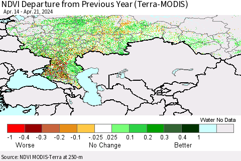 Russian Federation NDVI Departure from Previous Year (Terra-MODIS) Thematic Map For 4/14/2024 - 4/21/2024