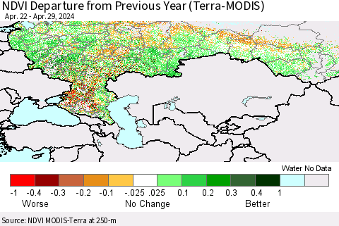 Russian Federation NDVI Departure from Previous Year (Terra-MODIS) Thematic Map For 4/22/2024 - 4/29/2024