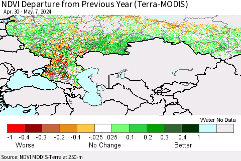 Russian Federation NDVI Departure from Previous Year (Terra-MODIS) Thematic Map For 4/30/2024 - 5/7/2024