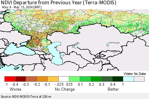 Russian Federation NDVI Departure from Previous Year (Terra-MODIS) Thematic Map For 5/8/2024 - 5/15/2024