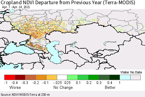 Russian Federation Cropland NDVI Departure from Previous Year (Terra-MODIS) Thematic Map For 4/7/2021 - 4/14/2021