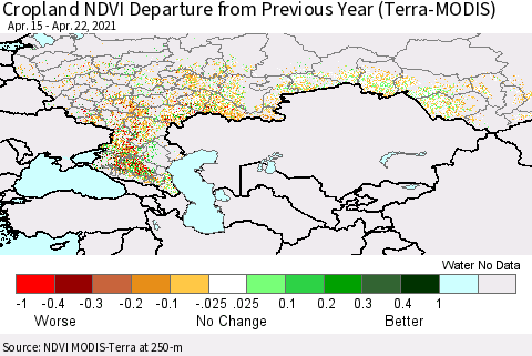 Russian Federation Cropland NDVI Departure from Previous Year (Terra-MODIS) Thematic Map For 4/15/2021 - 4/22/2021