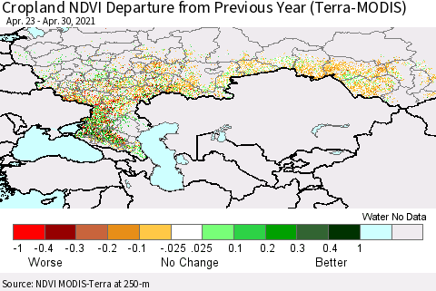 Russian Federation Cropland NDVI Departure from Previous Year (Terra-MODIS) Thematic Map For 4/23/2021 - 4/30/2021