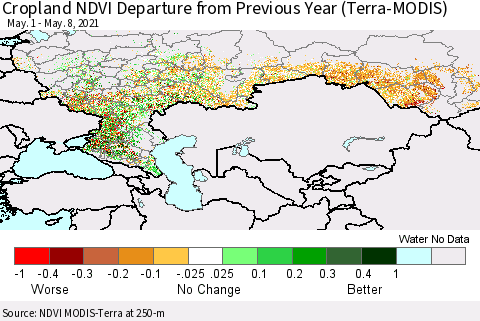 Russian Federation Cropland NDVI Departure from Previous Year (Terra-MODIS) Thematic Map For 5/1/2021 - 5/8/2021