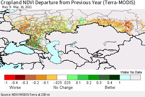 Russian Federation Cropland NDVI Departure from Previous Year (Terra-MODIS) Thematic Map For 5/9/2021 - 5/16/2021