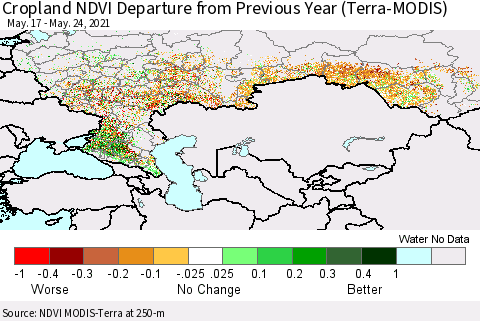 Russian Federation Cropland NDVI Departure from Previous Year (Terra-MODIS) Thematic Map For 5/17/2021 - 5/24/2021