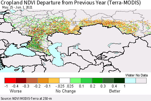 Russian Federation Cropland NDVI Departure from Previous Year (Terra-MODIS) Thematic Map For 5/25/2021 - 6/1/2021
