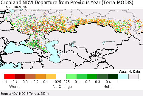 Russian Federation Cropland NDVI Departure from Previous Year (Terra-MODIS) Thematic Map For 6/2/2021 - 6/9/2021