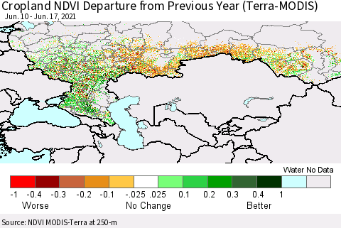 Russian Federation Cropland NDVI Departure from Previous Year (Terra-MODIS) Thematic Map For 6/10/2021 - 6/17/2021