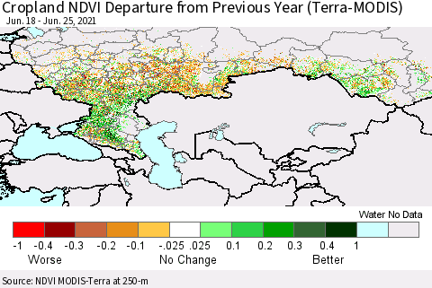 Russian Federation Cropland NDVI Departure from Previous Year (Terra-MODIS) Thematic Map For 6/18/2021 - 6/25/2021