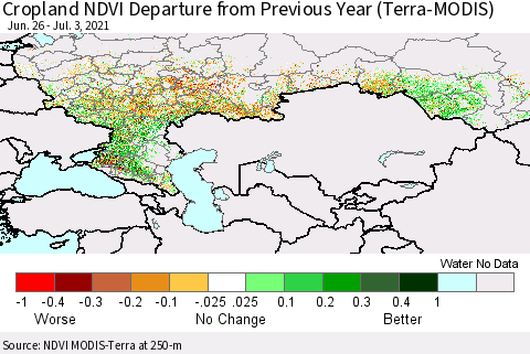 Russian Federation Cropland NDVI Departure from Previous Year (Terra-MODIS) Thematic Map For 6/26/2021 - 7/3/2021