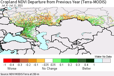 Russian Federation Cropland NDVI Departure from Previous Year (Terra-MODIS) Thematic Map For 7/4/2021 - 7/11/2021