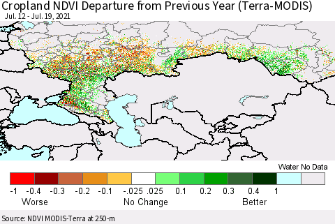 Russian Federation Cropland NDVI Departure from Previous Year (Terra-MODIS) Thematic Map For 7/12/2021 - 7/19/2021