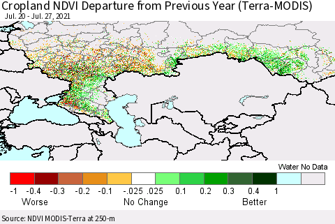 Russian Federation Cropland NDVI Departure from Previous Year (Terra-MODIS) Thematic Map For 7/20/2021 - 7/27/2021