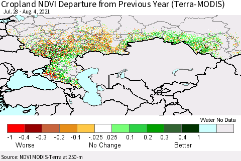 Russian Federation Cropland NDVI Departure from Previous Year (Terra-MODIS) Thematic Map For 7/28/2021 - 8/4/2021